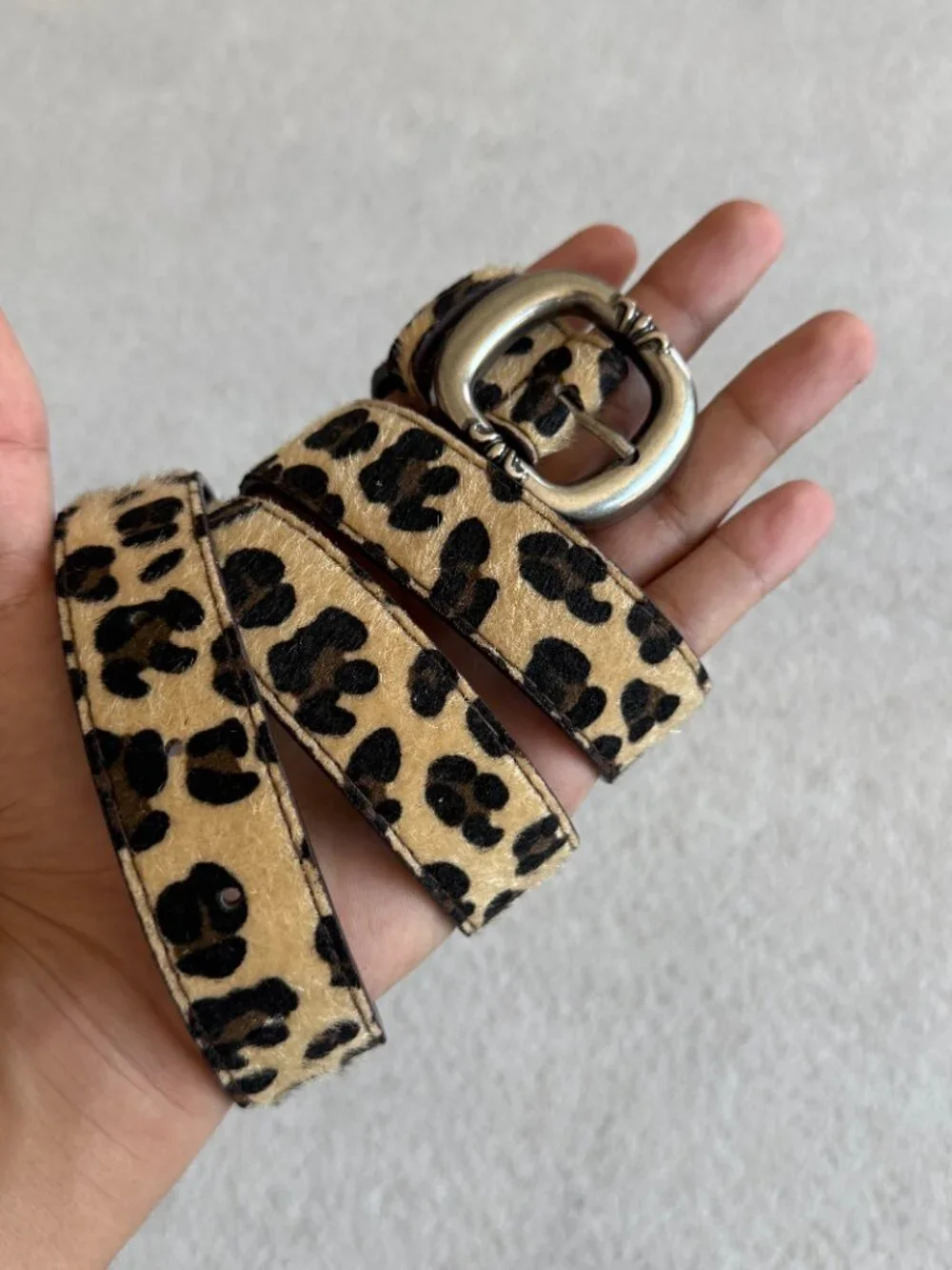Tan Leopard Oval Silver Buckle Belt